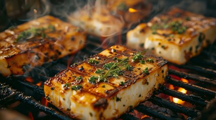 Juicy halloumi cheese slices grilling over flaming grill with herbs and spices - obrazy, fototapety, plakaty