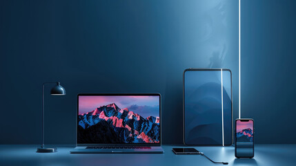 A mockup of laptop and a mobile devices together in a dark blue room. Generative AI.