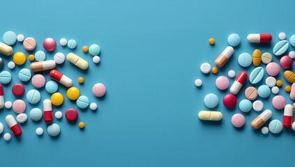 Fototapeta na wymiar A lot of multi-colored pills on blue background with free space for text, as a concept of medical treatment with a prescription. Painkillers and antibiotics variation, allergy on medicine.
