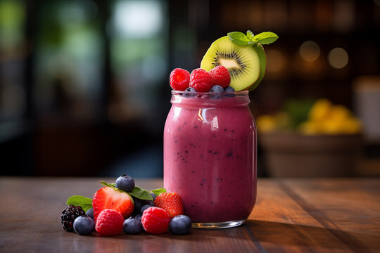 berry smoothie on a wooden table,  blueberry and blackberry fresh fruit smoothie , blurred background