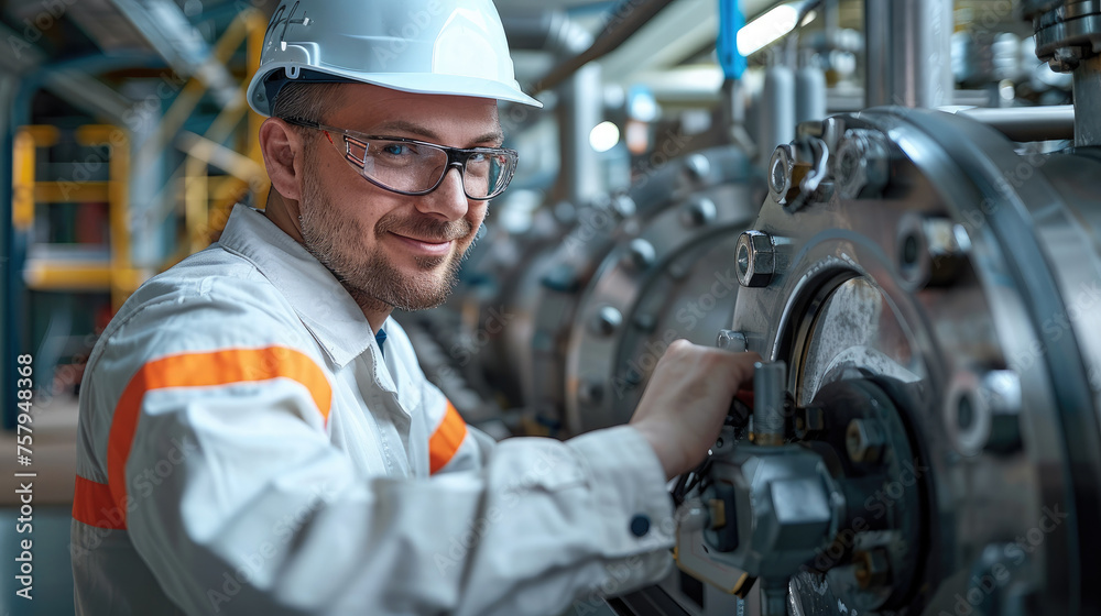 Poster industrial engineer debugs newly designed mechanical equipment on site to ensure its normal operatio