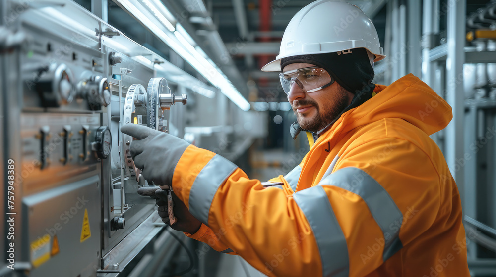 Poster industrial engineer debugs newly designed mechanical equipment on site to ensure its normal operatio