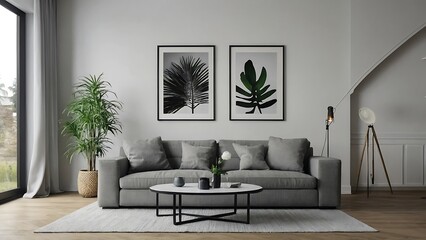 Living room interior with white sofa, coffee table, armchairs and mock up poster.