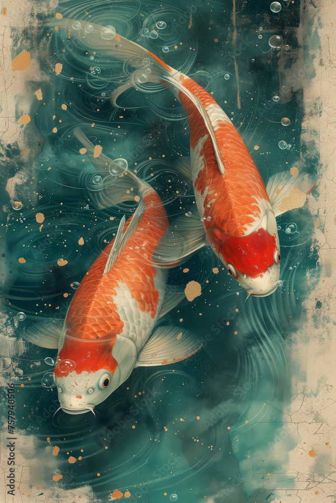 Wall mural A mesmerizing artwork capturing two koi fish gracefully swimming amidst a serene