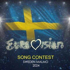 Background with a yellow-blue flag of Sweden and the inscription Sweden, Malmo, 2024