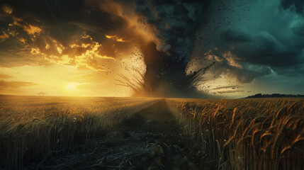 A powerful tornado in an agricultural area. Landscape of a natural disaster. Dark colors. Generative AI