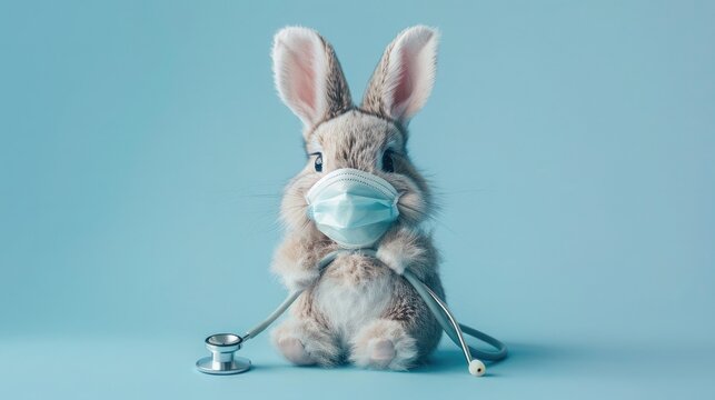 Cute plush bunny as a doctor wearing a medical mask and with a stethoscope isolated on a blue background