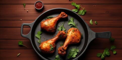 Fried chicken thighs in a pan with herbs. - obrazy, fototapety, plakaty