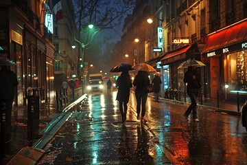 group of individuals walking along an Asian street at night, carrying umbrellas to shield...