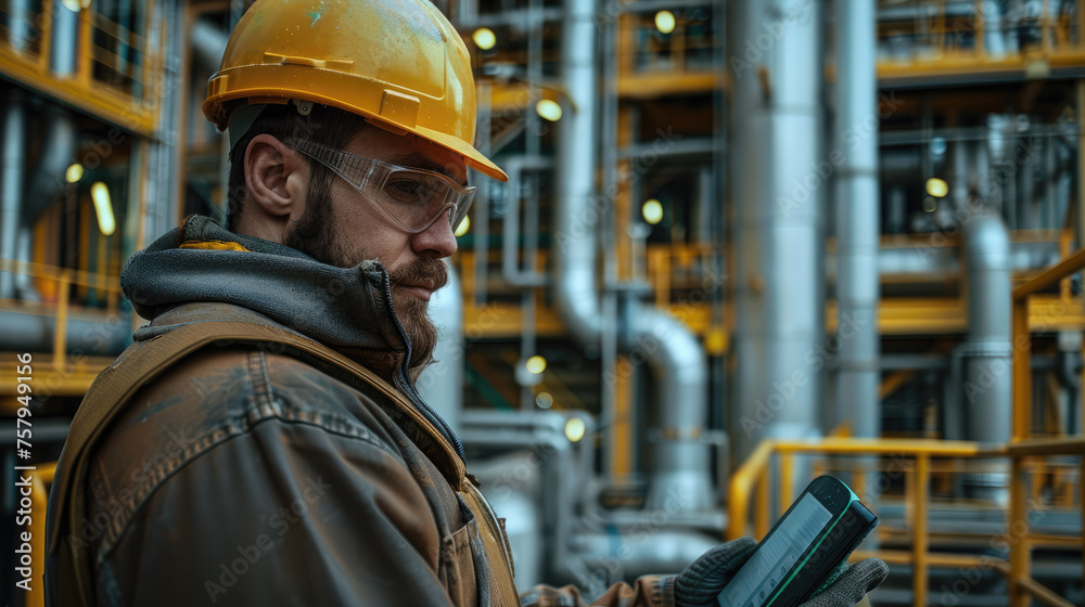 Leinwandbilder A worker using an electronic device in a refinery. Generative AI.