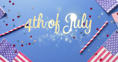 Image of 4th of july text over flags of united states of america on blue background