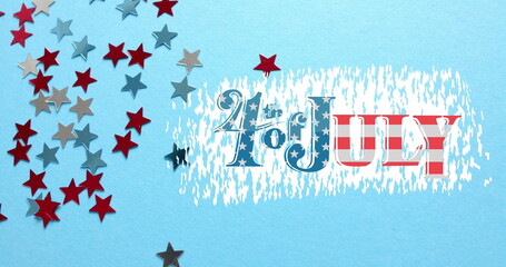 Image of 4th of july text over stars of united states of america on blue background