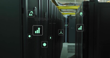 Image of eco icons and data processing over computer servers