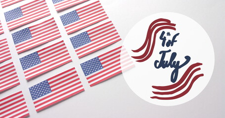 Image of 4th of july text over flags of united states of america on white background