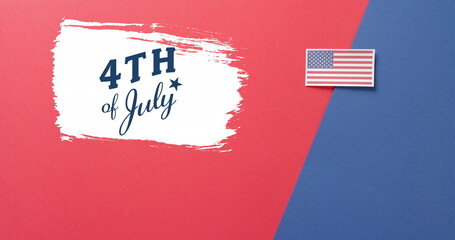 Image of 4th of july text over flag of united states of america on red and blue background