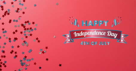 Image of 4th of july text over stars of united states of america on red background