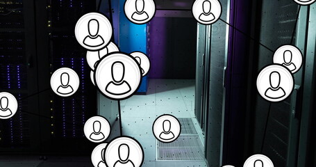 Image of digital people icons and data processing over computer servers