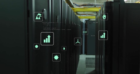 Image of eco icons and data processing over computer servers