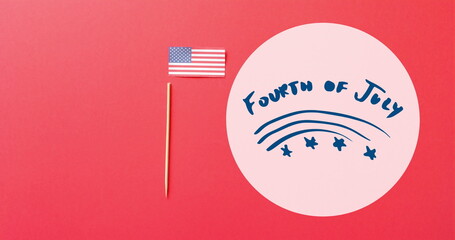Image of 4th of july text over flag of united states of america on red background