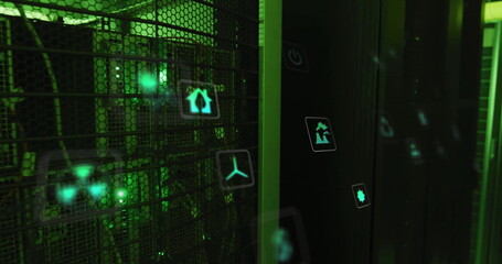 Image of eco icons and data processing over computer servers