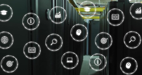Image of digital icons and data processing over computer servers