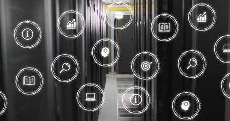 Image of digital icons and data processing over computer servers