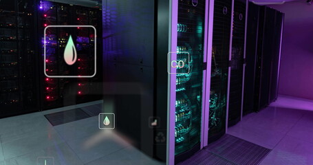 Image of eco icons and data processing over computer servers