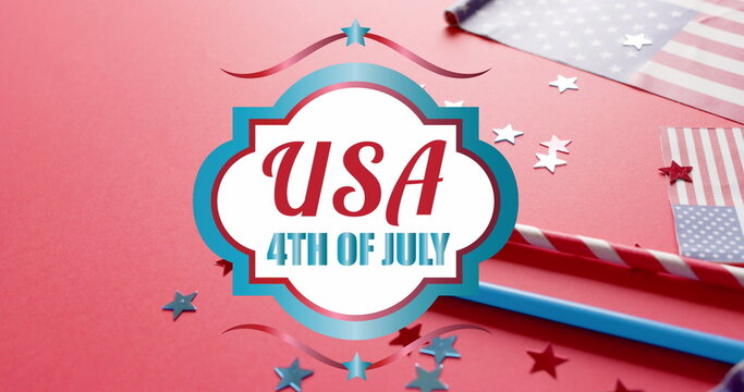Image of 4th of july text over flags of united states of america on red background