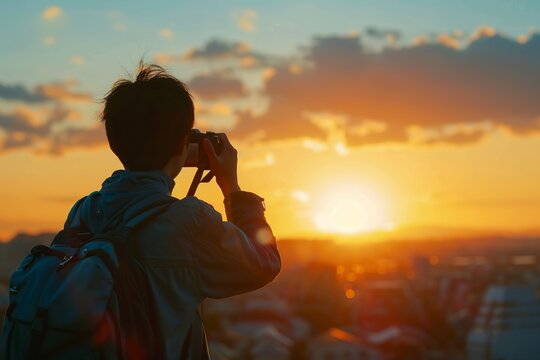 Man Capturing Sunset Over Ocean
