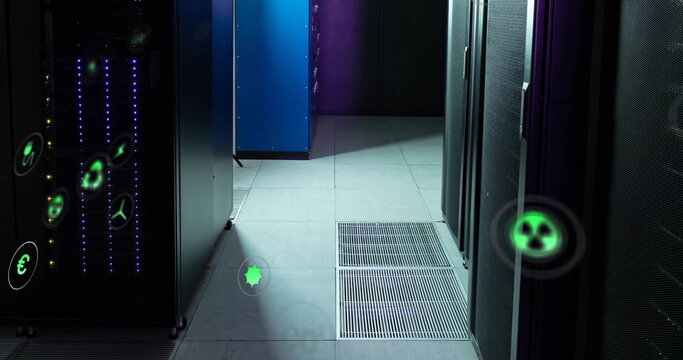 Image of eco icons and data processing over computer servers