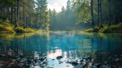 A small blue lake in the black forest, surrounded by trees. Generative AI.