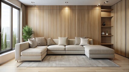 Beige corner sofa against wooden paneling wall in modern living room
