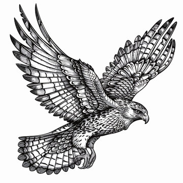 a drawing of a hawk with a black and white background