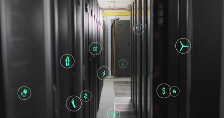 Image of eco icons and data processing over computer servers
