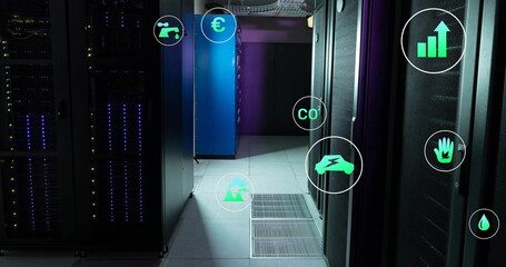 Image of eco icons and data processing over computer servers