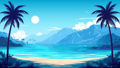 Fototapeta na wymiar sea, palm trees and beach with mountains in background