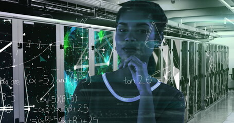 Image of handwritten mathematical equations, data, digital interface and light moving over portrait 