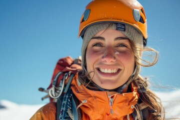 Joyful female climber with helmet and gear enjoying mountain adventure