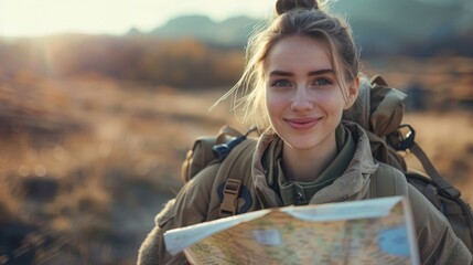 Confident female soldier with a map on a sunny day during outdoor mission
