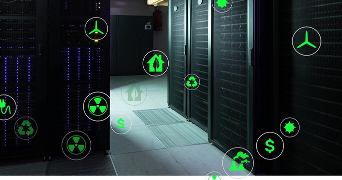 Image of eco icons and data processing over computer servers