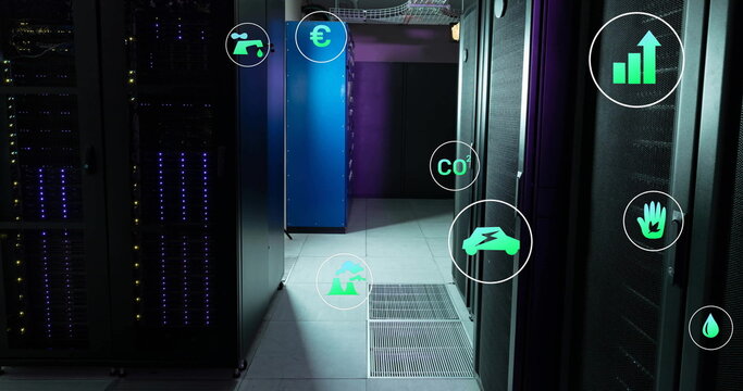 Image of eco icons and data processing over computer servers
