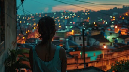 Fototapeta premium Woman Standing in Front of City at Sunset