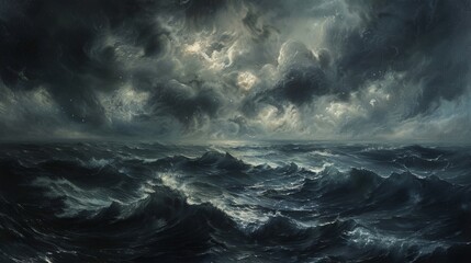 Anxiety depicted through a stormy ocean scene, with dark clouds and turbulent waves - obrazy, fototapety, plakaty