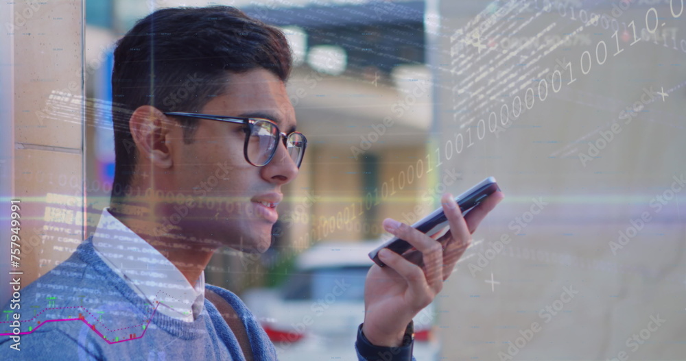 Poster digital composite of man on phone with data and graphs overlay signifies global communication.