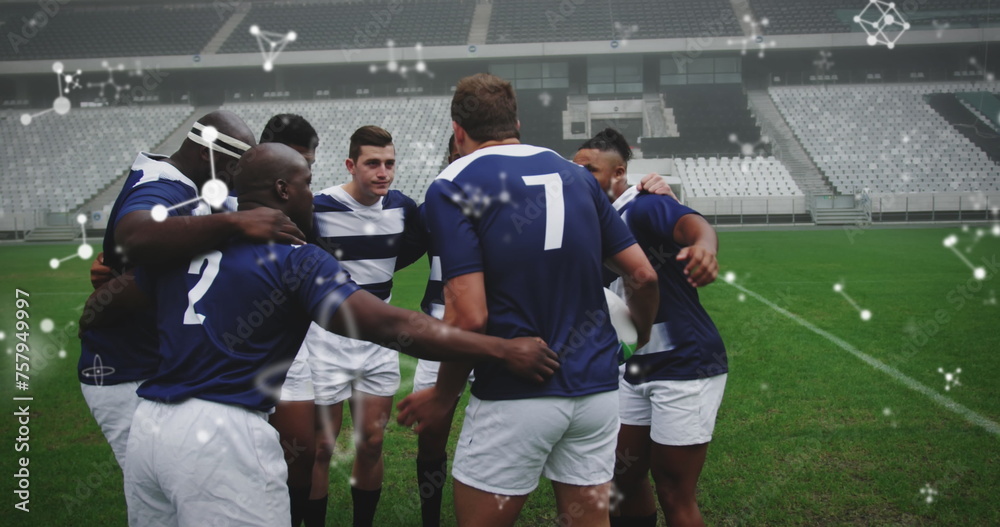 Sticker Image of chemical structures over male rugby players at stadium