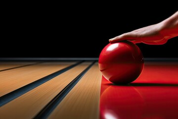 Bowling ball on the wooden floor with a hand of a player. Game with balls. hand holds a red colored bowling ball. sports concept.