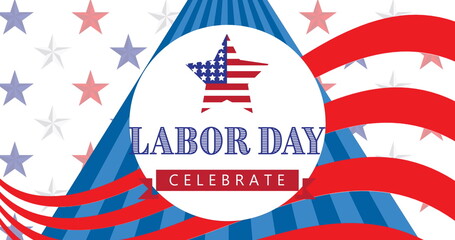Obraz premium Image of labor day celebrate text over american flag stars and stripes