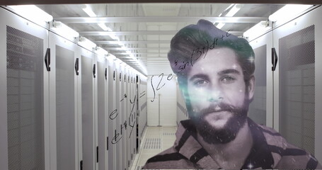 Digital composite merges math equations, light spots, and a bearded man in a server room.