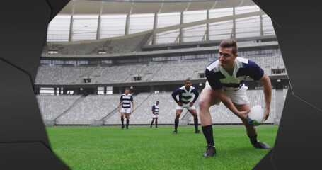 Image of black shapes over male rugby players at stadium