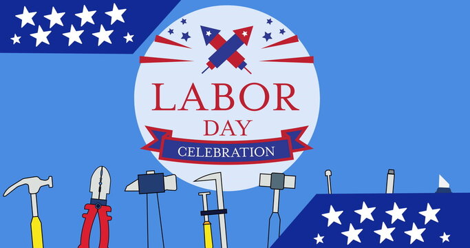 Image of labor day celebration text and tools icons over blue background